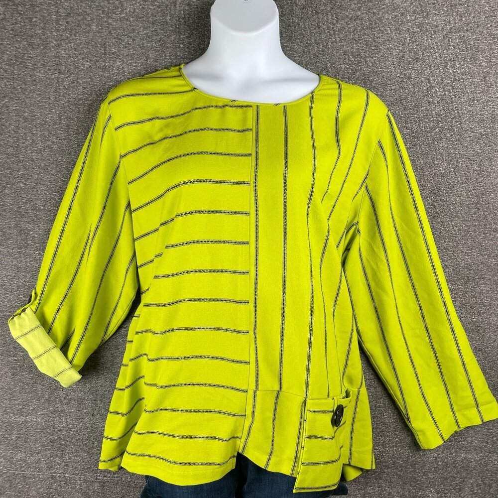 Ali Miles Top Womens Size 3X Lagenlook Chartreuse Black Striped Tunic Artsy Boxy